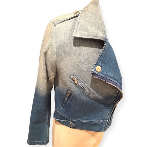 FATE by LFD Denim Jacket Blue Medium Wash Long Zipper Pocket Ombre Jean Jacket S - Picture 8 of 15